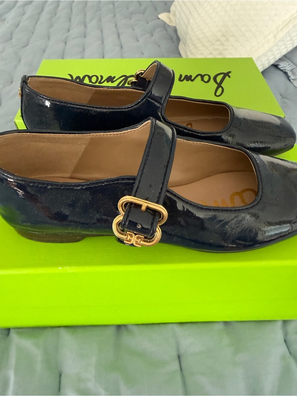 Sam Edelman Black Patent Mary Jane Flats with Gold Buckle